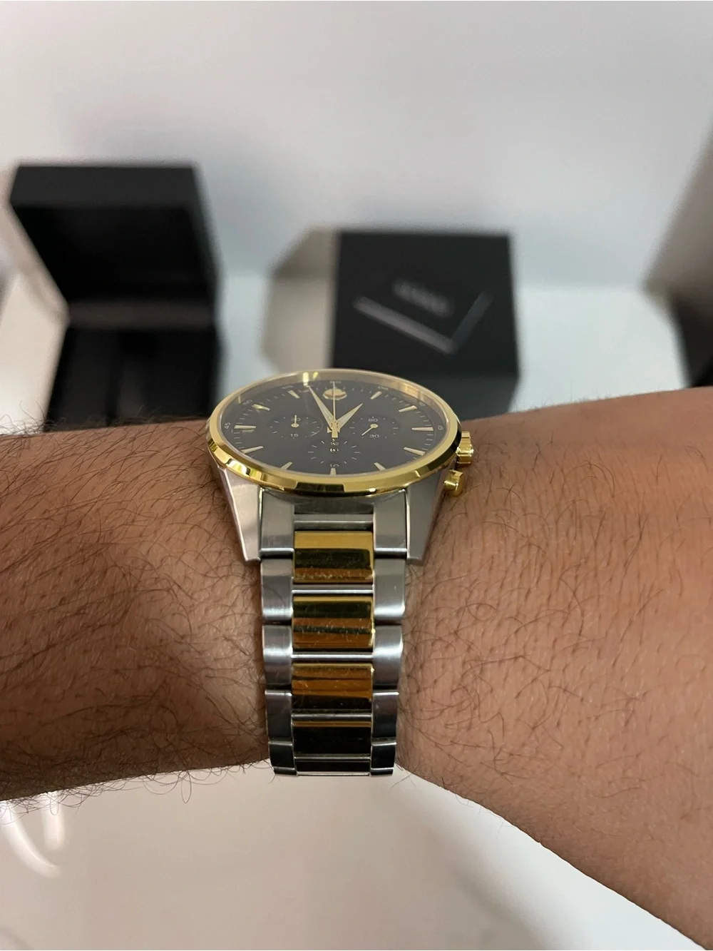Movado Two Tone Bracelet Watch with Black Dial